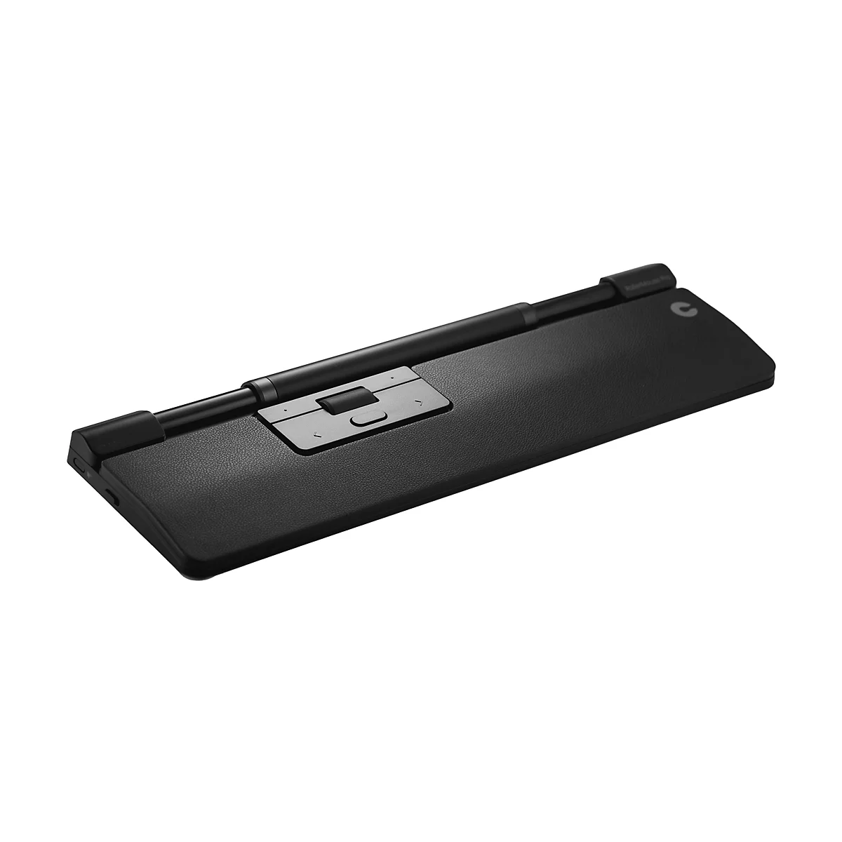Schwarze RollerMouse Pro mit Rollleiste und integrierter Handballenauflage vor weißem Hintergrund.