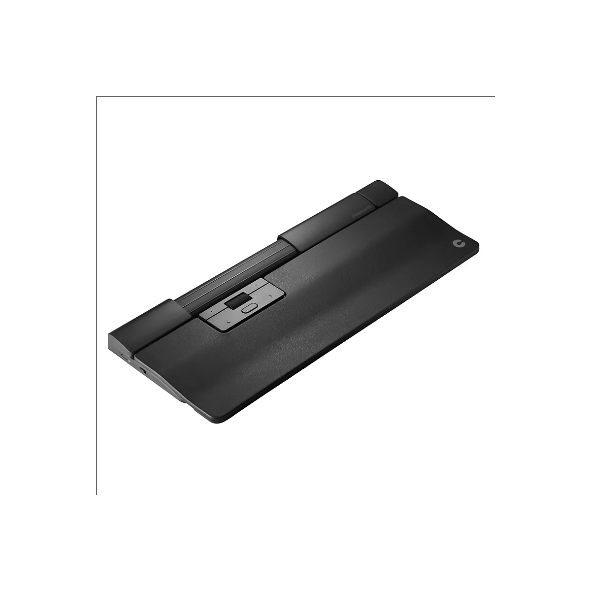 Schwarze RollerMouse Pro, eine ergonomische Mausleiste mit Handballenauflage auf weißem Hintergrund.