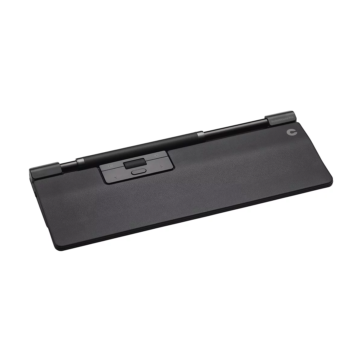 Schwarze RollerMouse Pro von Contour Design mit Rollleiste und Handgelenkauflage vor weißem Hintergrund.