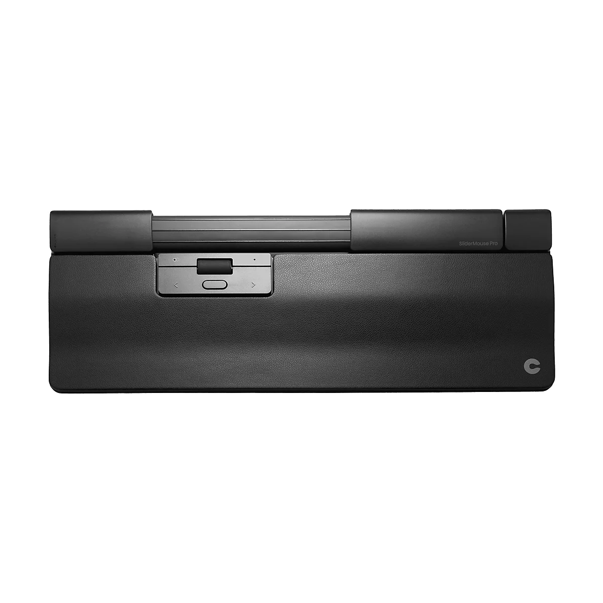 Schwarze SliderMouse Pro Rollmaus vor weißem Hintergrund mit ergonomischer Handballenauflage.