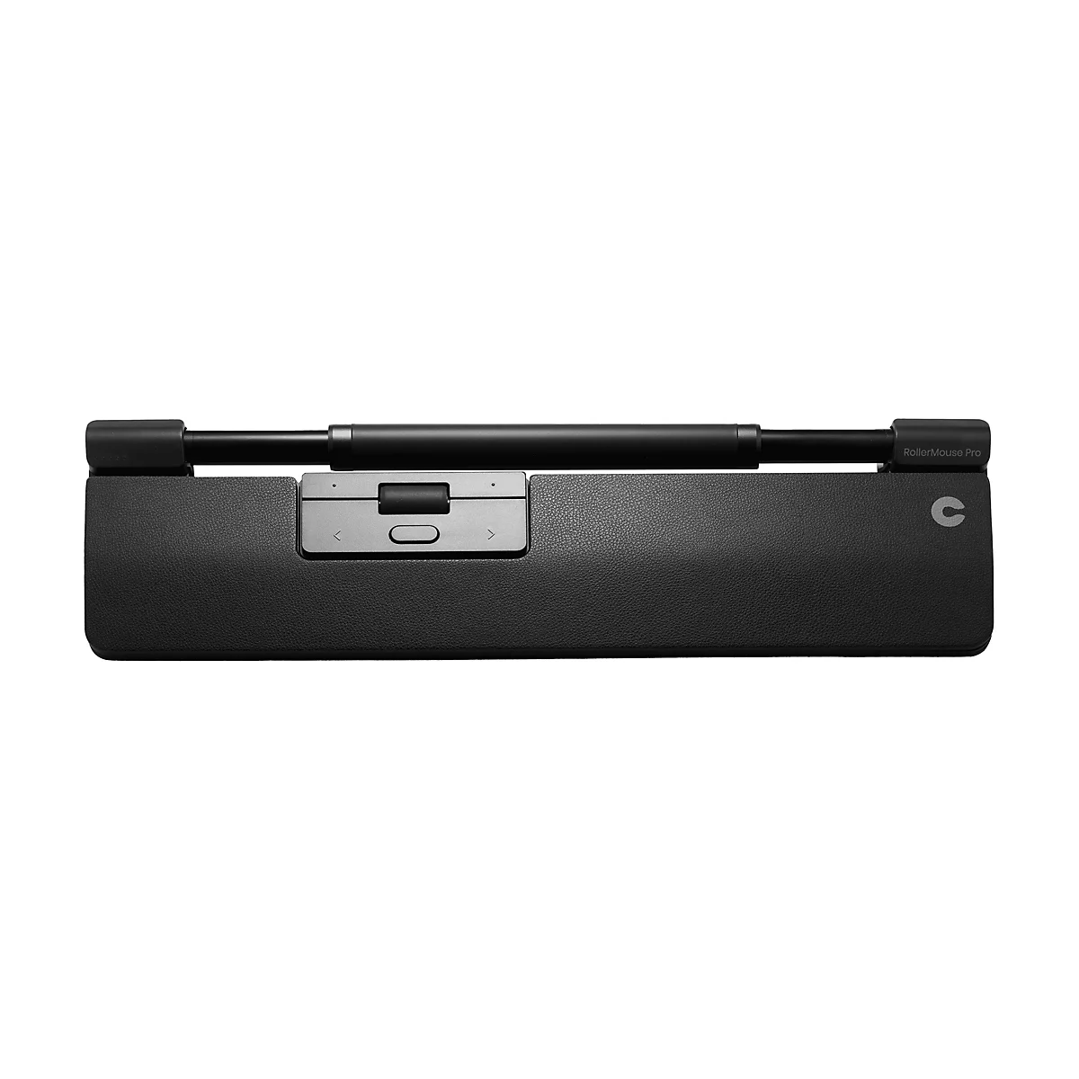 Schwarze RollerMouse Pro mit Rollstab und Tasten auf einer gepolsterten Handballenauflage vor weißem Hintergrund.