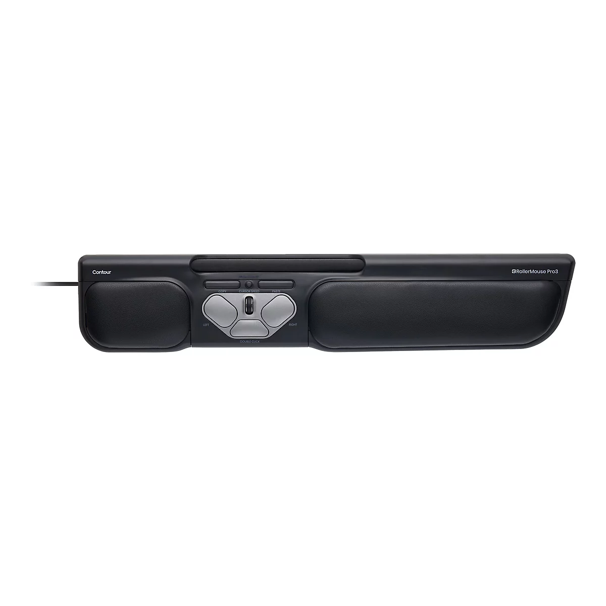 Schwarze RollerMouse Pro3 vor weißem Hintergrund mit zentraler Bedieneinheit und gepolsterter Handauflage.