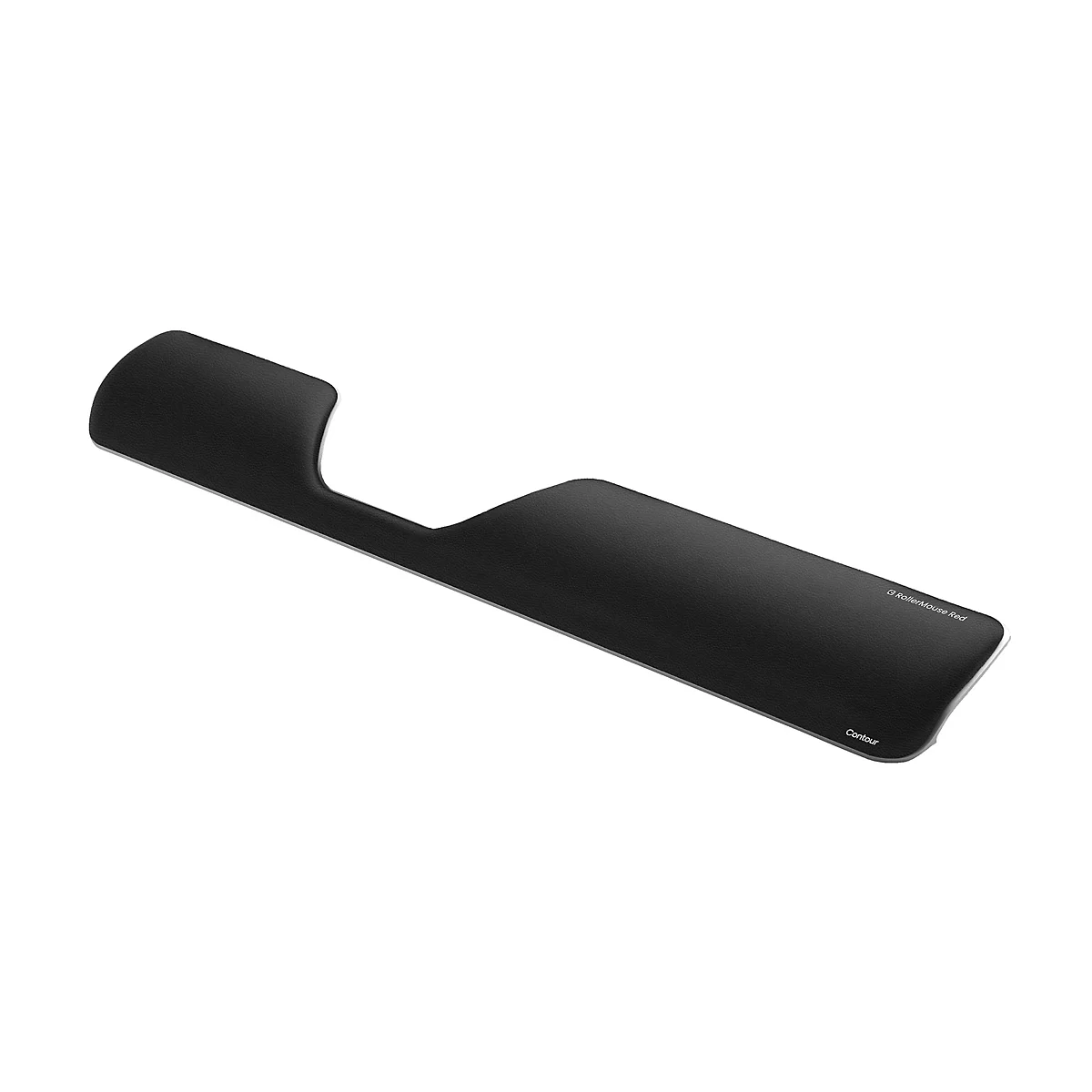 Schwarze, ergonomische Handballenauflage für eine RollerMouse, mit Branding rechts.
