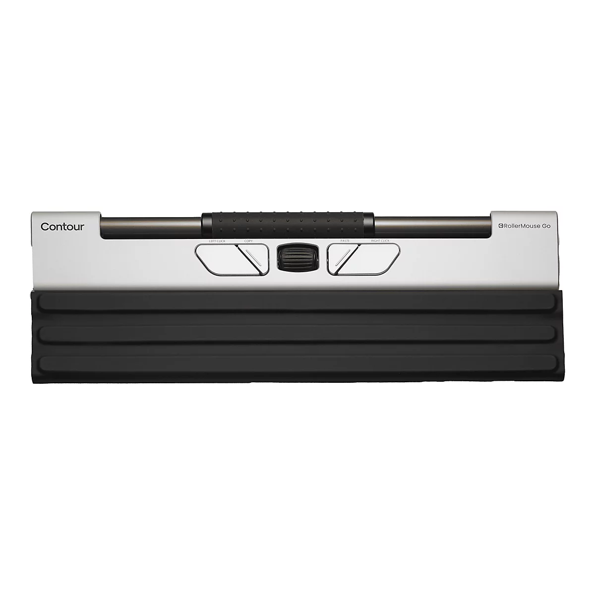 Contour RollerMouse Go mit silberner Oberfläche, schwarzer Rollleiste und integrierter Handballenauflage.