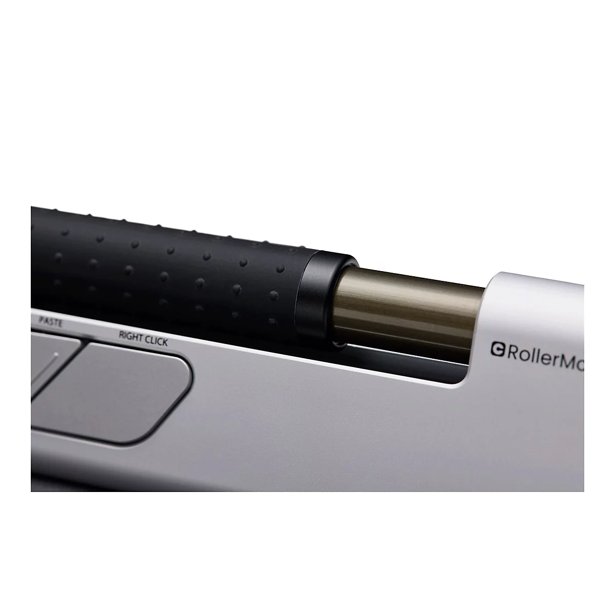 Nahaufnahme einer RollerMouse mit schwarzer Rollstange, grauen Tasten und dem Schriftzug RollerMouse.