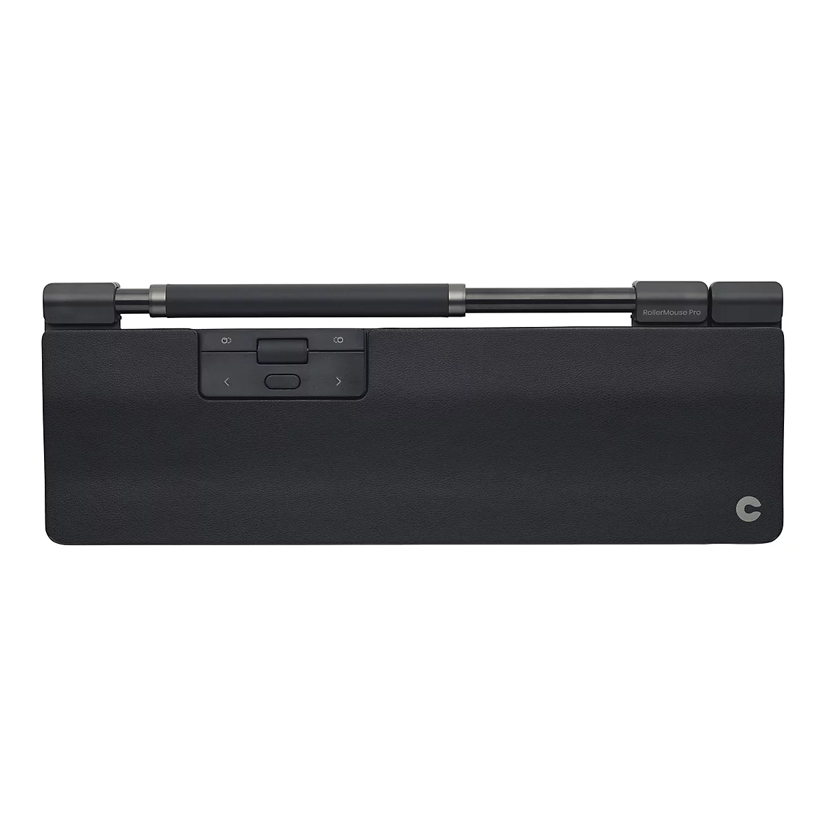 Schwarze RollerMouse Pro mit Rollleiste und integrierter Handballenauflage vor weißem Hintergrund.