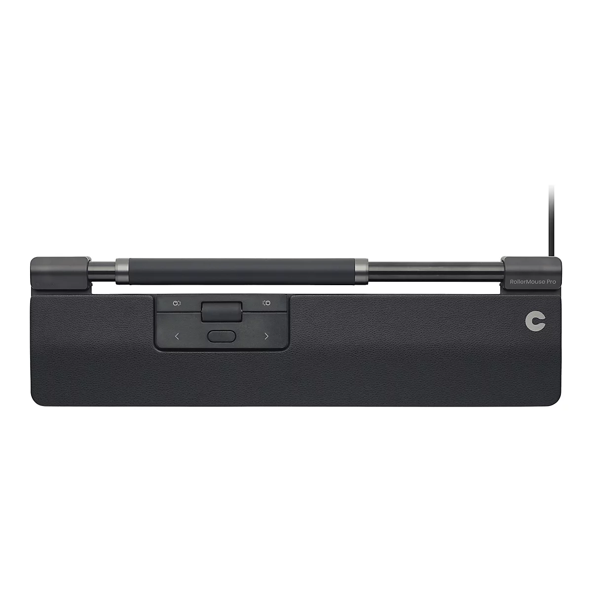 RollerMouse Pro: Eine schwarze, ergonomische Rollstabmaus mit gepolsterter Handballenauflage vor weißem Hintergrund.