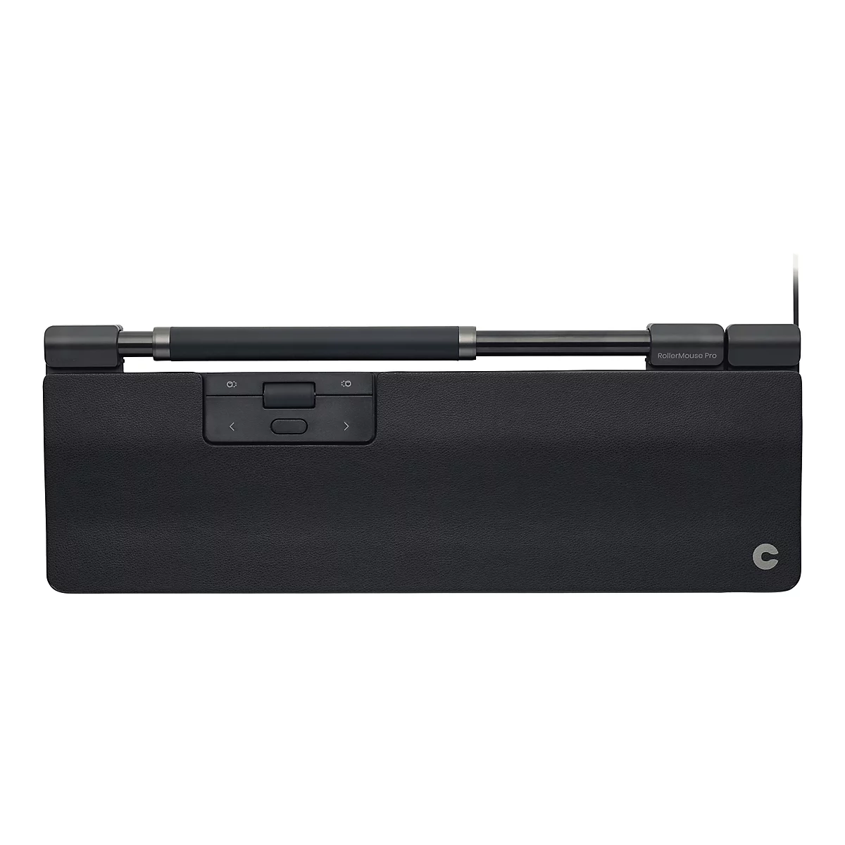 Schwarze RollerMouse Pro mit Rollleiste und Handballenauflage vor weißem Hintergrund.