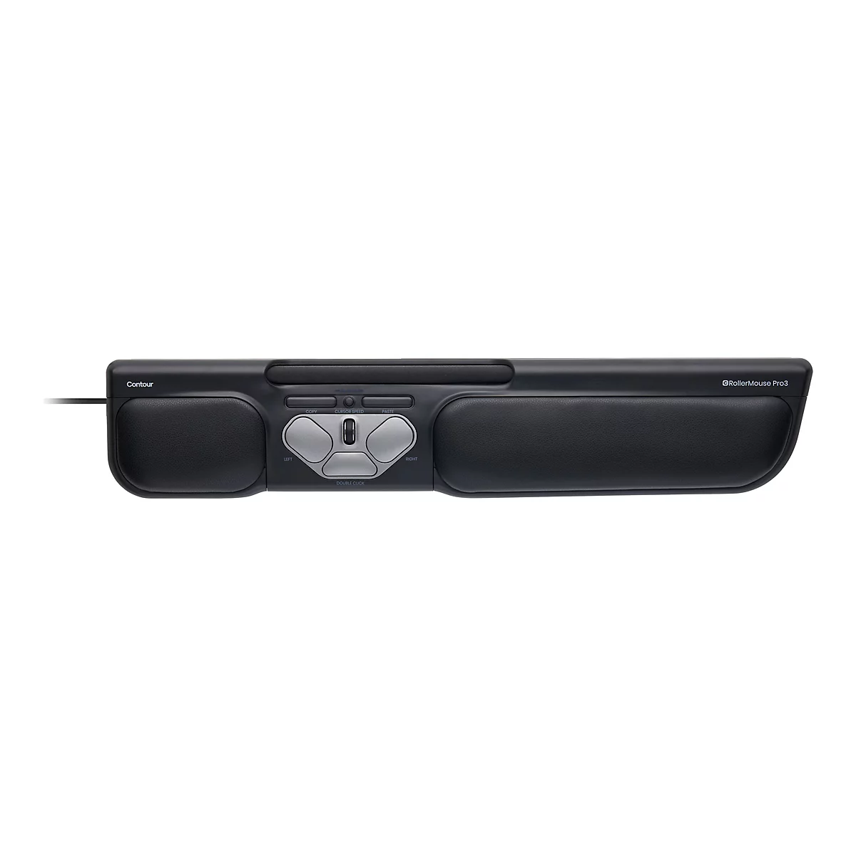 Schwarze Contour RollerMouse Pro3 mit integrierter Handballenauflage und silbernen Tasten vor weißem Hintergrund.