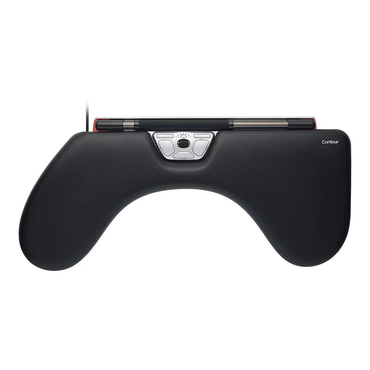 Schwarze RollerMouse mit Handballenauflage und zentralem Steuerpanel vor weißem Hintergrund.