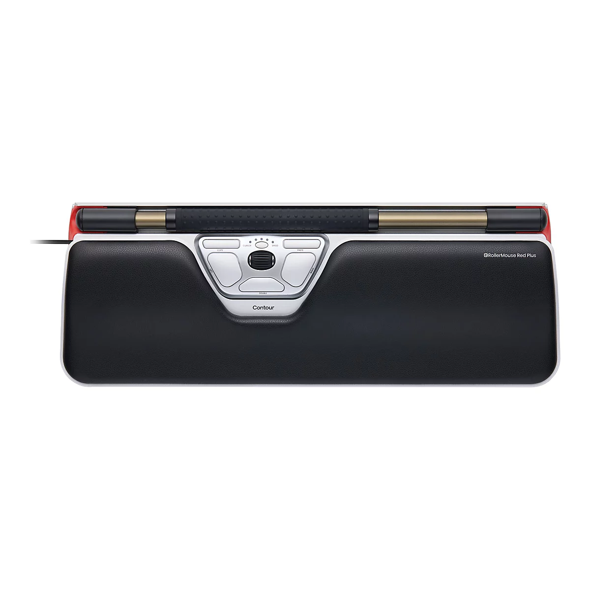 Contour RollerMouse Red Plus mit schwarzer Handballenauflage und silberner Bedieneinheit auf weißem Hintergrund.