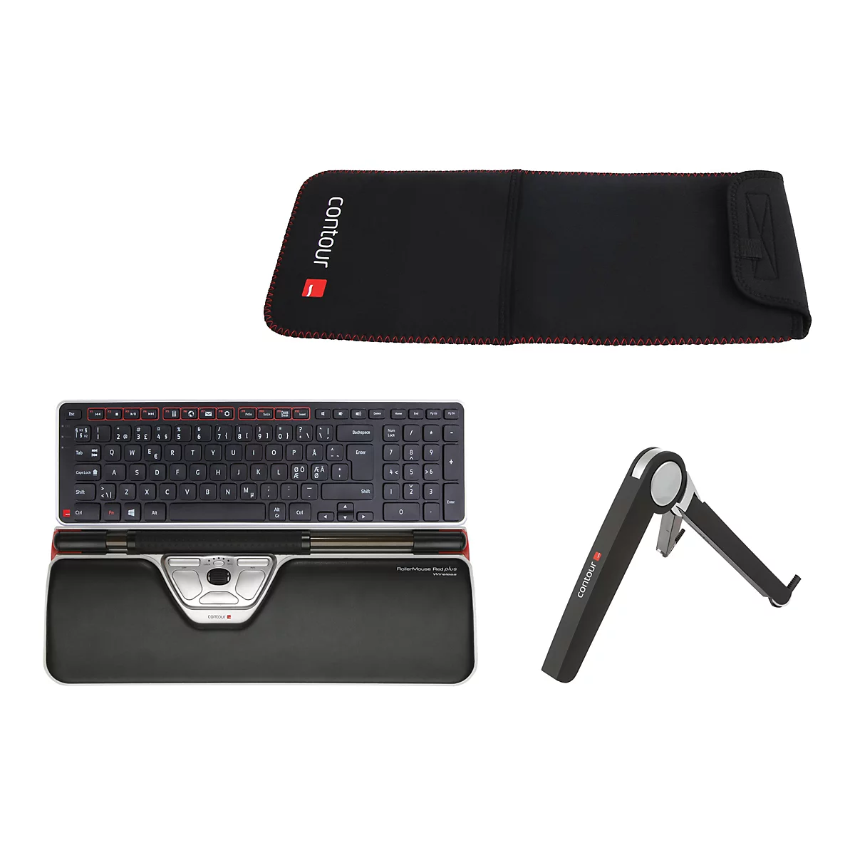 RollerMouse Red Plus Wireless Tastaturset mit Tasche und Ständer vor weißem Hintergrund.