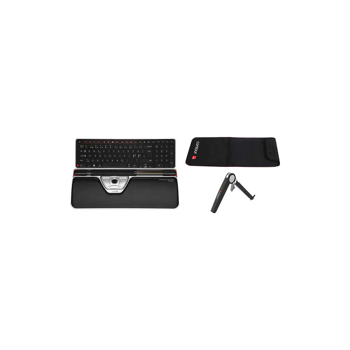 RollerMouse Red Plus, Schutzhülle und Notebook-Ständer von Contour auf weißem Hintergrund.