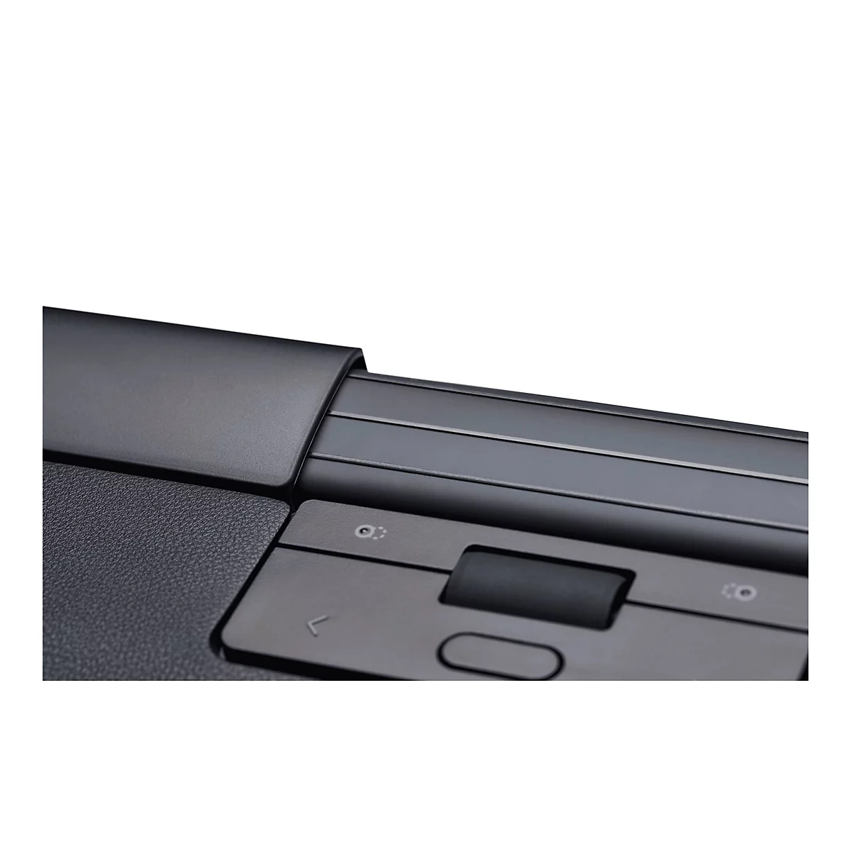 Detailansicht eines schwarzen Laptop-Scharniers mit einem Scrollrad und Bedienelementen.