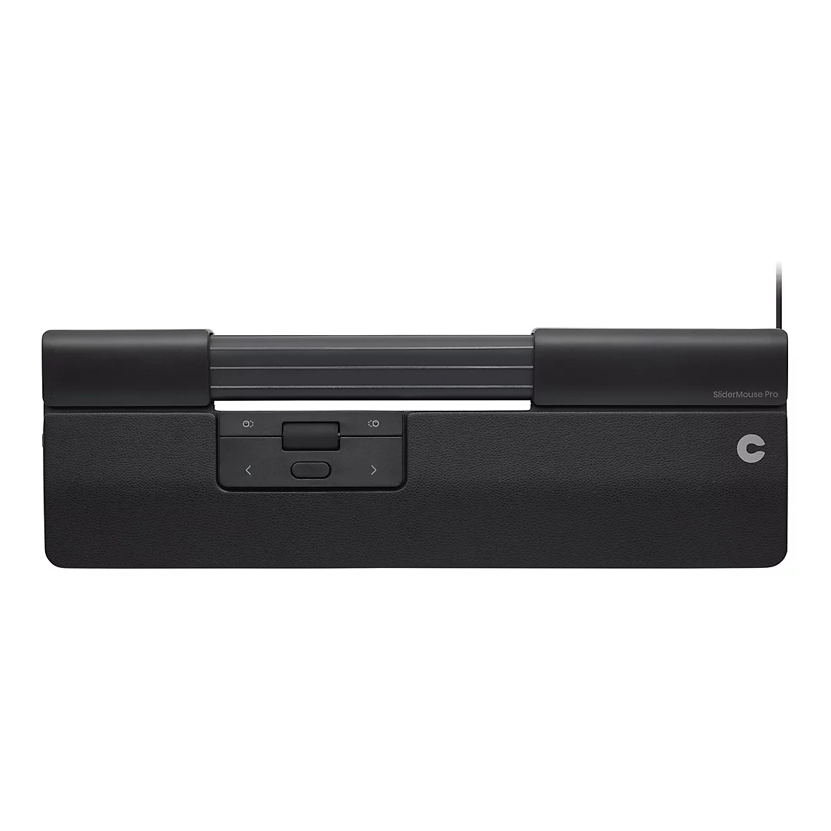 Schwarze SliderMouse Pro Tastaturmaus auf weißem Hintergrund mit zentraler Gleitleiste und Tastenfeld.