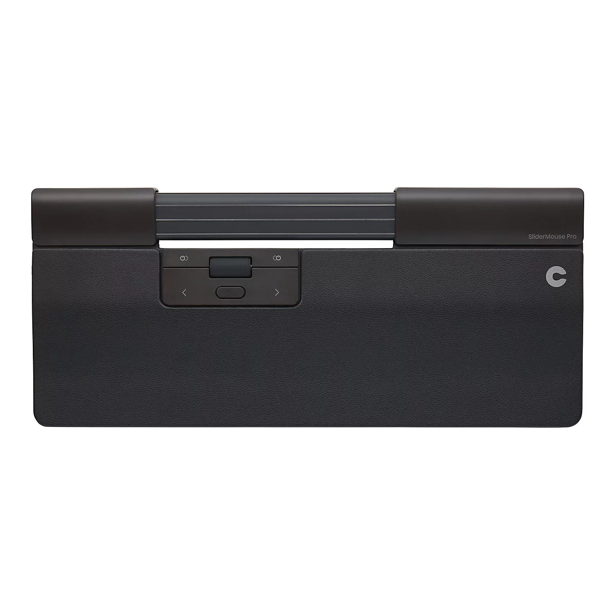 SliderMouse Pro in Schwarz mit horizontaler Eingabeleiste und integrierter Handballenauflage vor weißem Hintergrund.