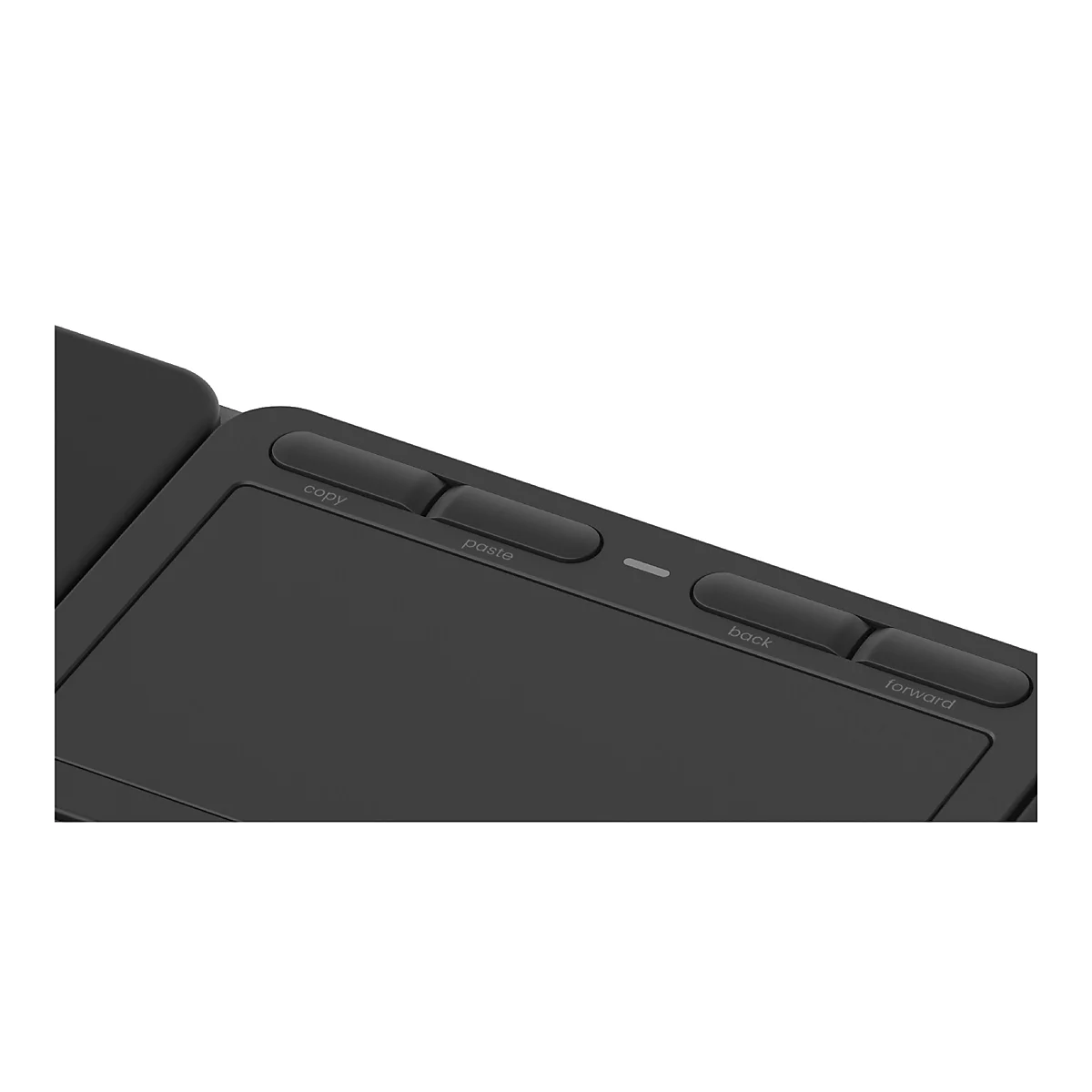 Nahaufnahme eines schwarzen Touchpads mit physischen Funktionstasten für Copy, Paste, Back und Forward.