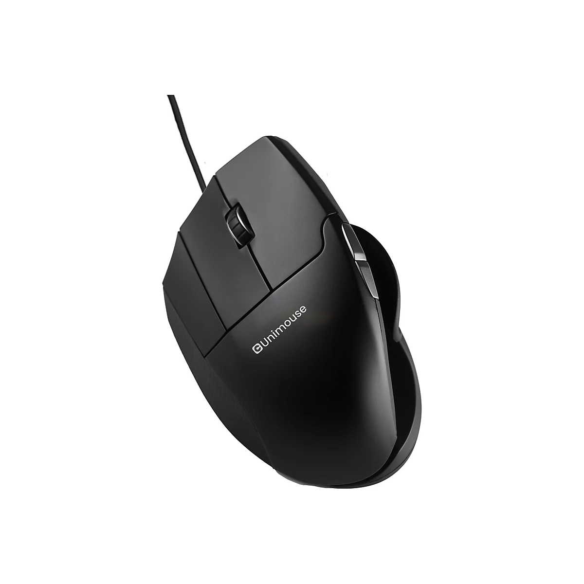 Schwarze, ergonomische Unimouse Computermaus mit Kabel vor weißem Hintergrund.
