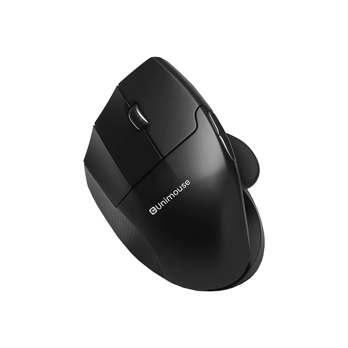 Schwarze, ergonomisch geformte Unimouse Computermaus mit Scrollrad und Tasten auf weißem Hintergrund.
