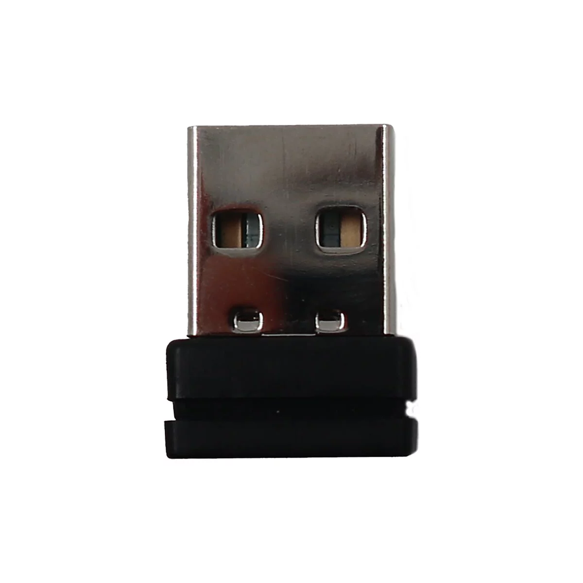 Ein kleiner, silberfarbener USB-Empfänger mit einem schwarzen Kunststoffgehäuse vor weißem Hintergrund.