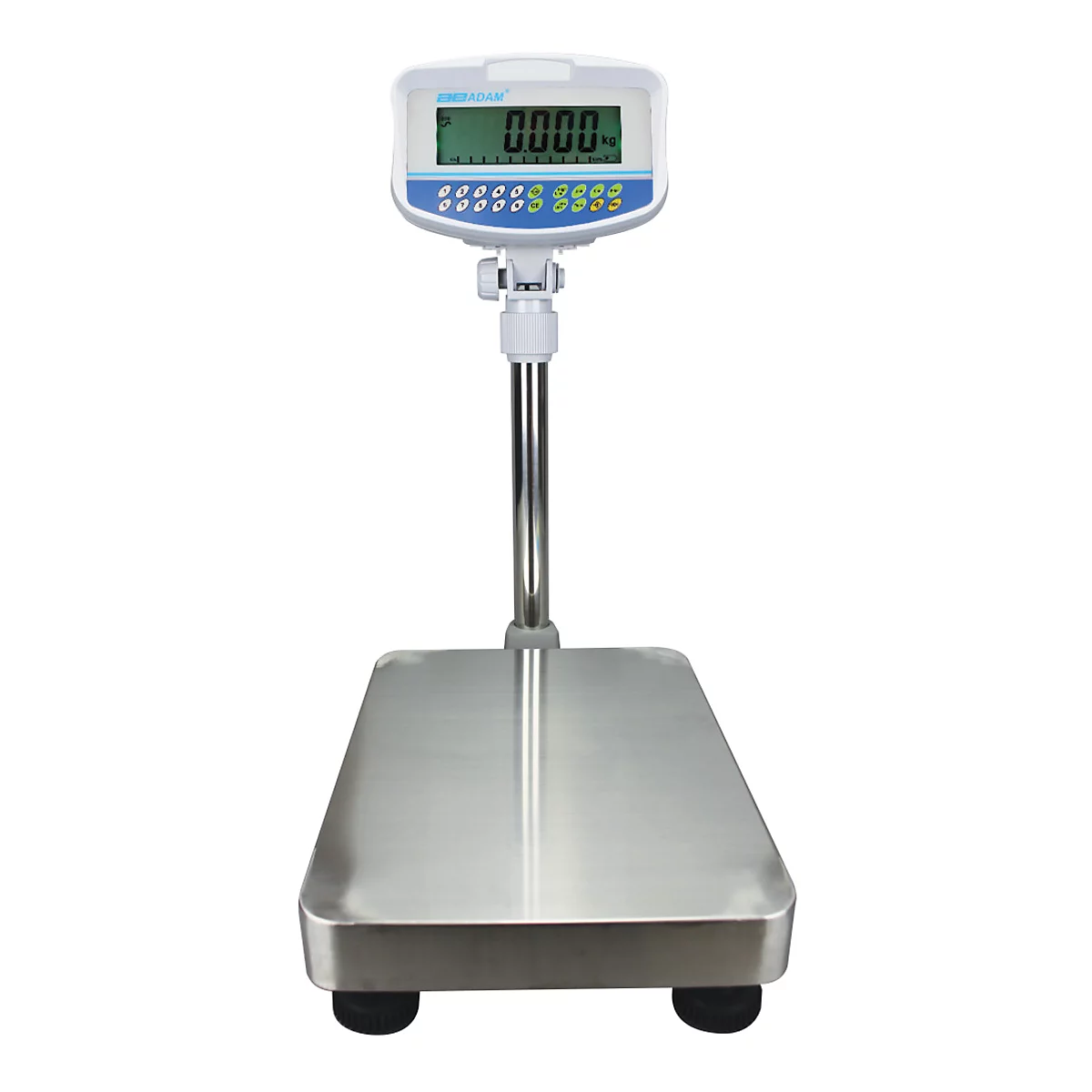 Digitale weegschaal met display 0000. Het metalen weegplateau staat op zwarte voeten, het display is wit met blauwe knoppen.