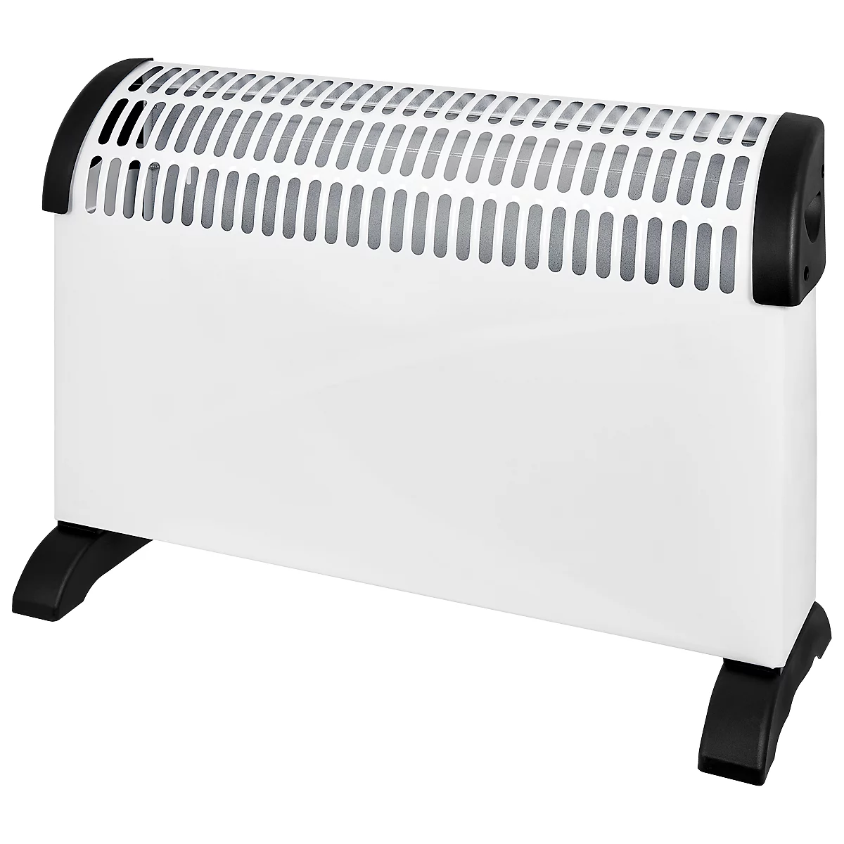 Witte ventilatorkachel met zwart rooster en poten. Apparaat is afgebeeld tegen een witte achtergrond.