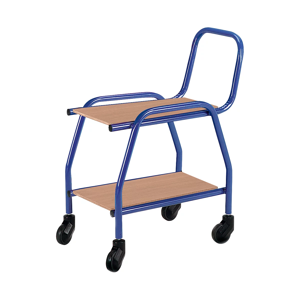 Blue serving cart with wooden shelves and wheels.