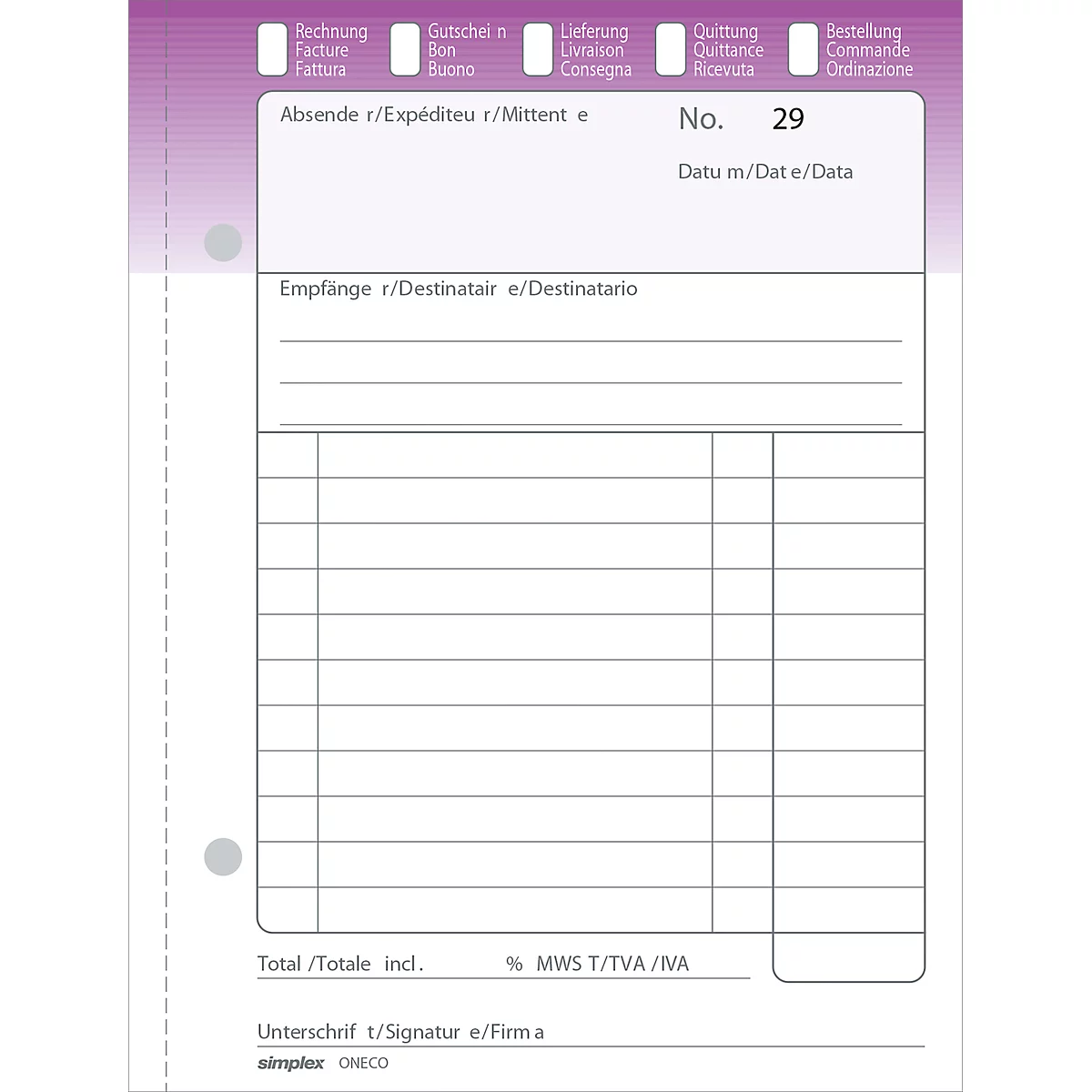 A white form with purple accents, labeled with invoice, date, and recipient.