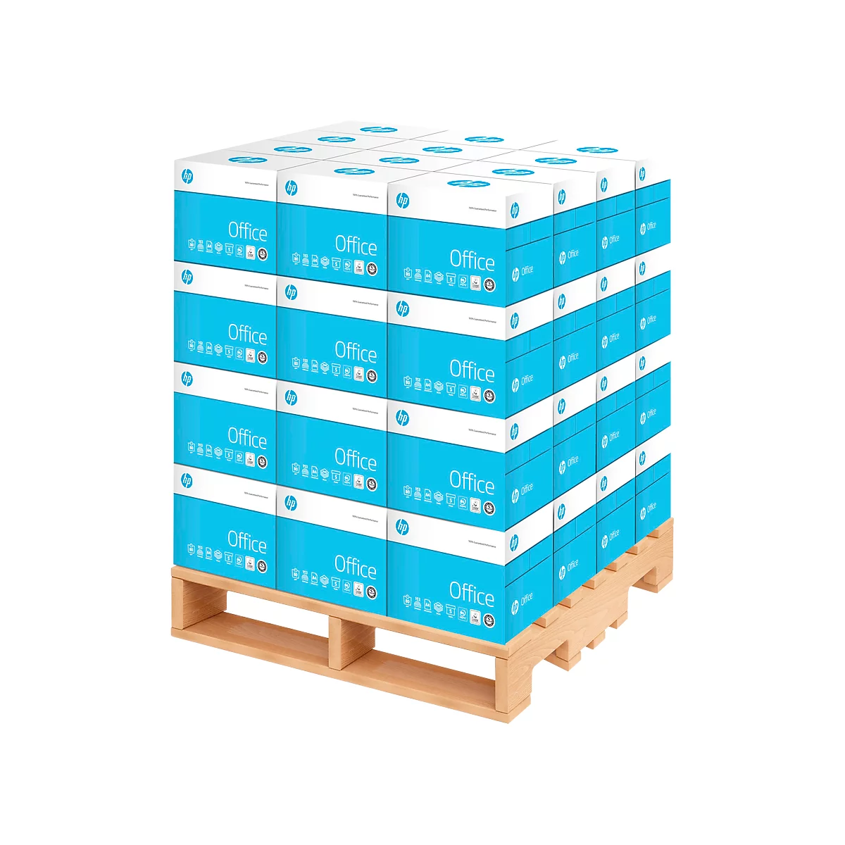 Stack of office paper on pallet. Blue boxes with "Office" label.