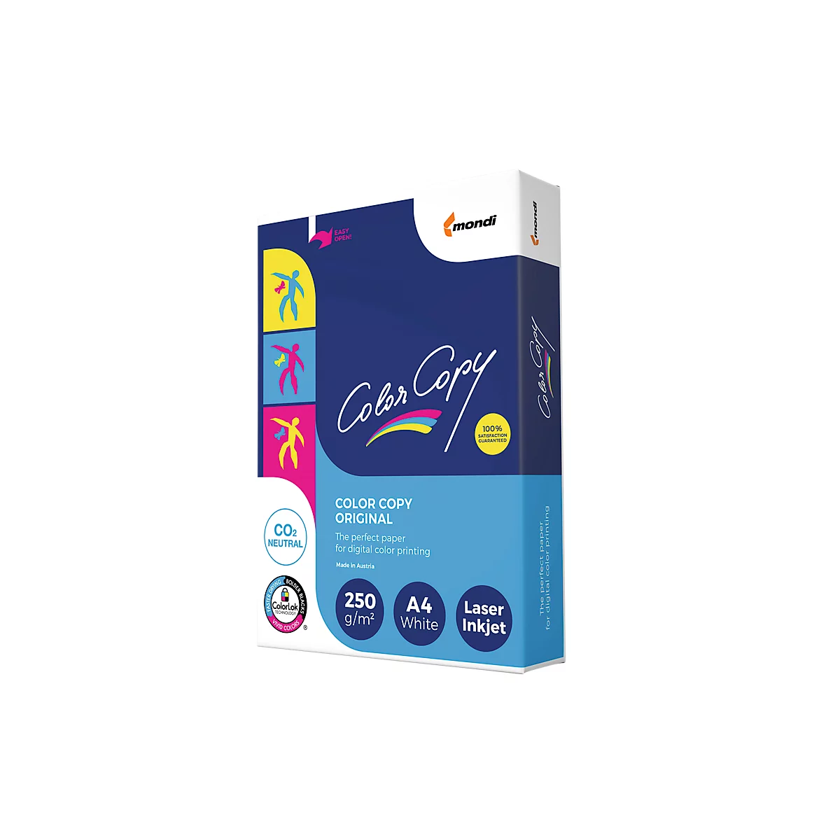 A package of Color Copy paper, blue packaging with logo and product information.