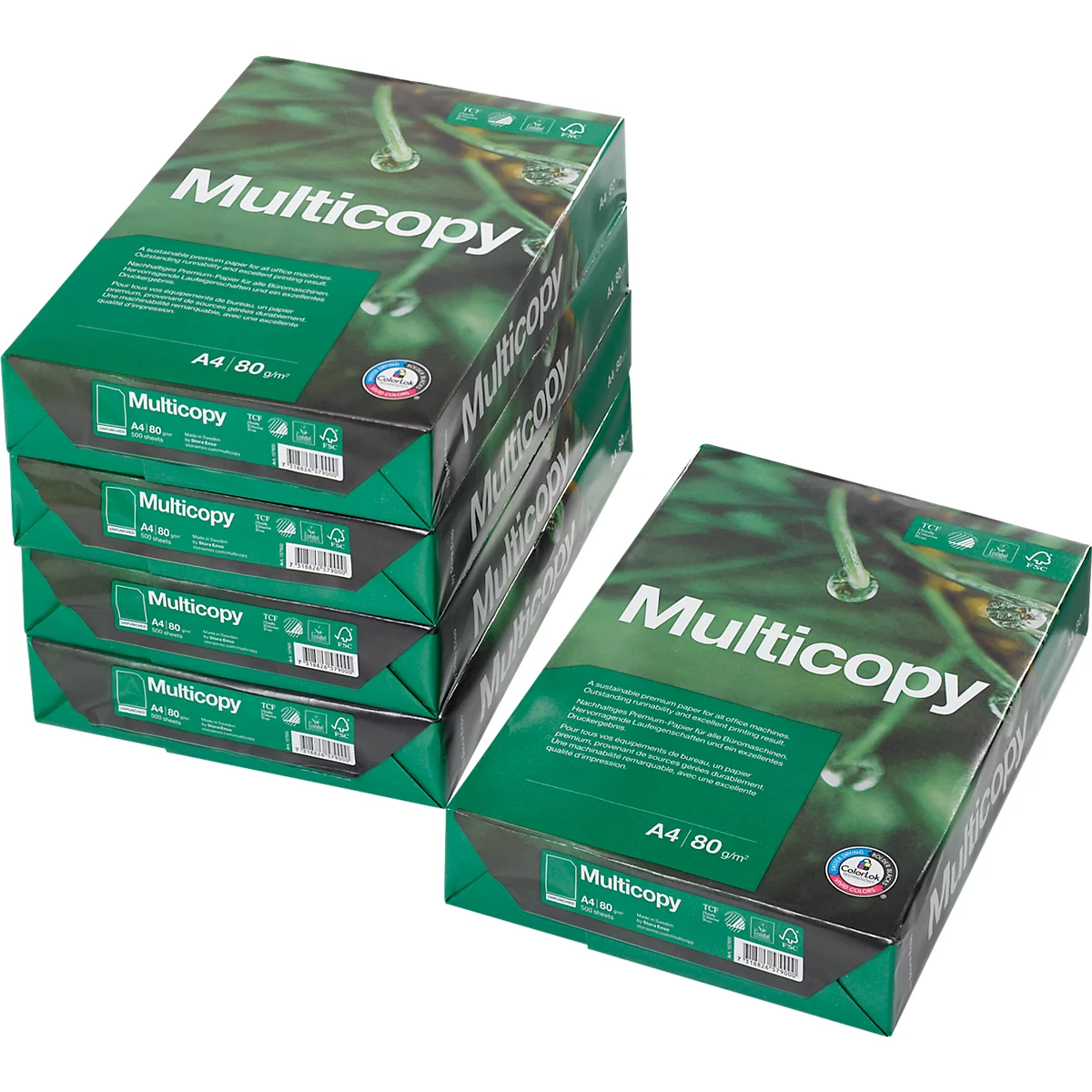 Five green paper packages with the print "Multicopy" on a white background.