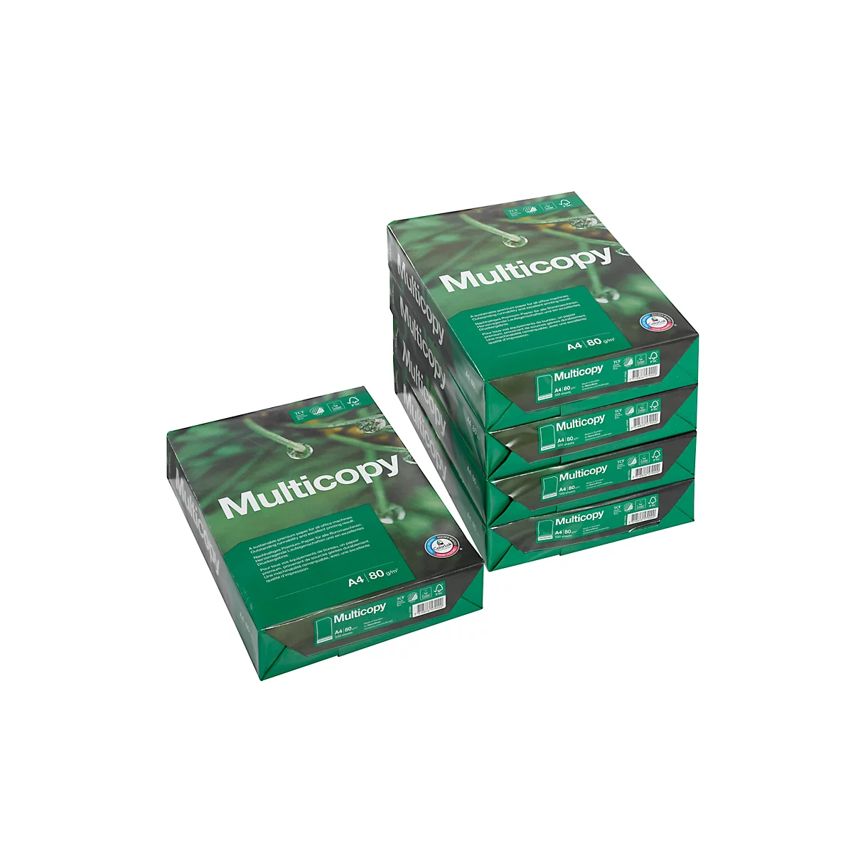 Several packages of Multicopy paper, green packaging with white labels.