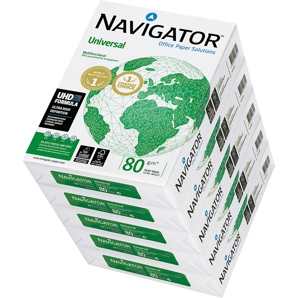 A stack of paper packs labeled Navigator Universal, white blocks, green world map.