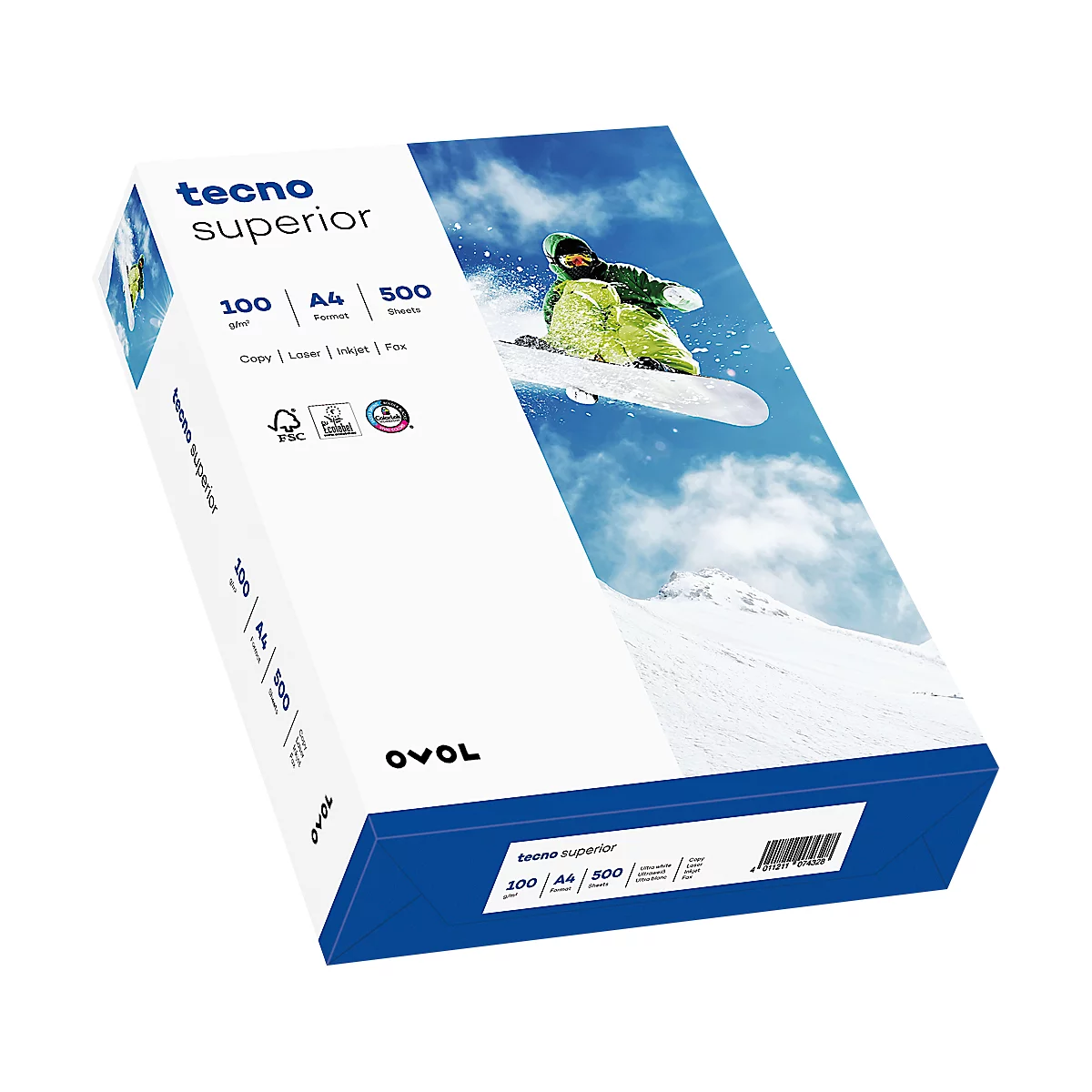 Paper pack with text: Tecno Superior, 100 gsm, A4, 500 sheets. A snowboarder in the background.
