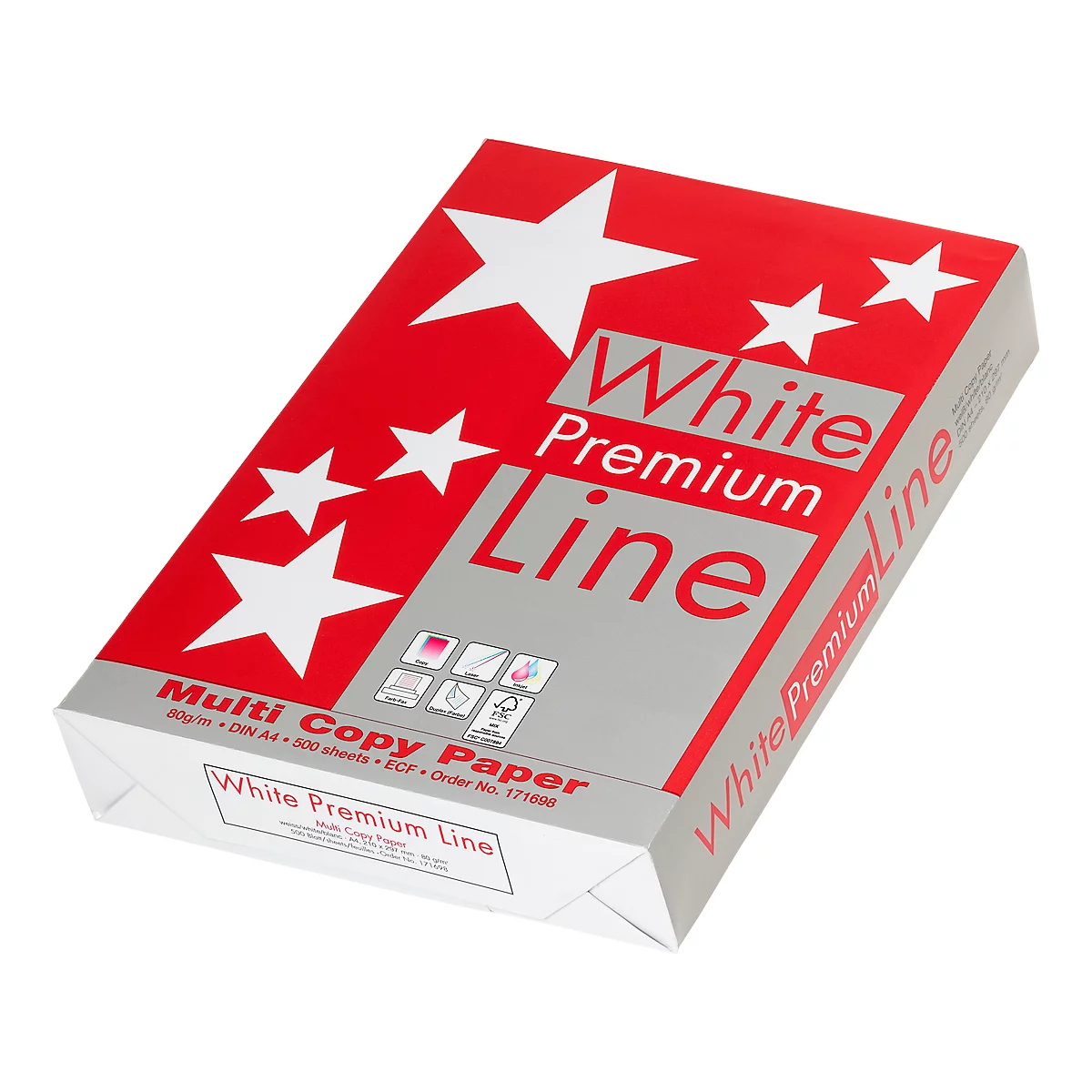 White paper box with red and white lettering. Stars are depicted on the red part.