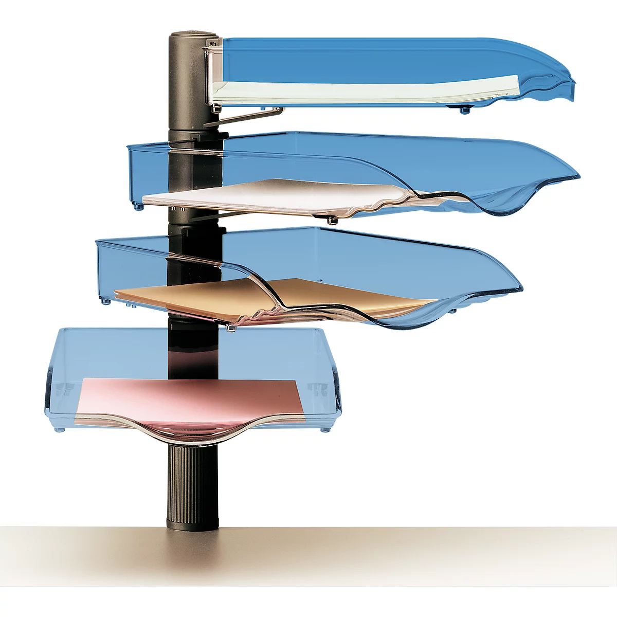 Vertical file sorter with four transparent blue trays filled with papers.