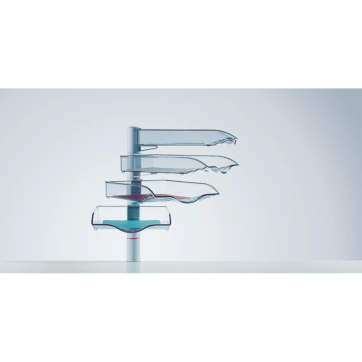 Transparent, stacked trays with liquid and drops flowing into each other. A futuristic product in a scientific representation.