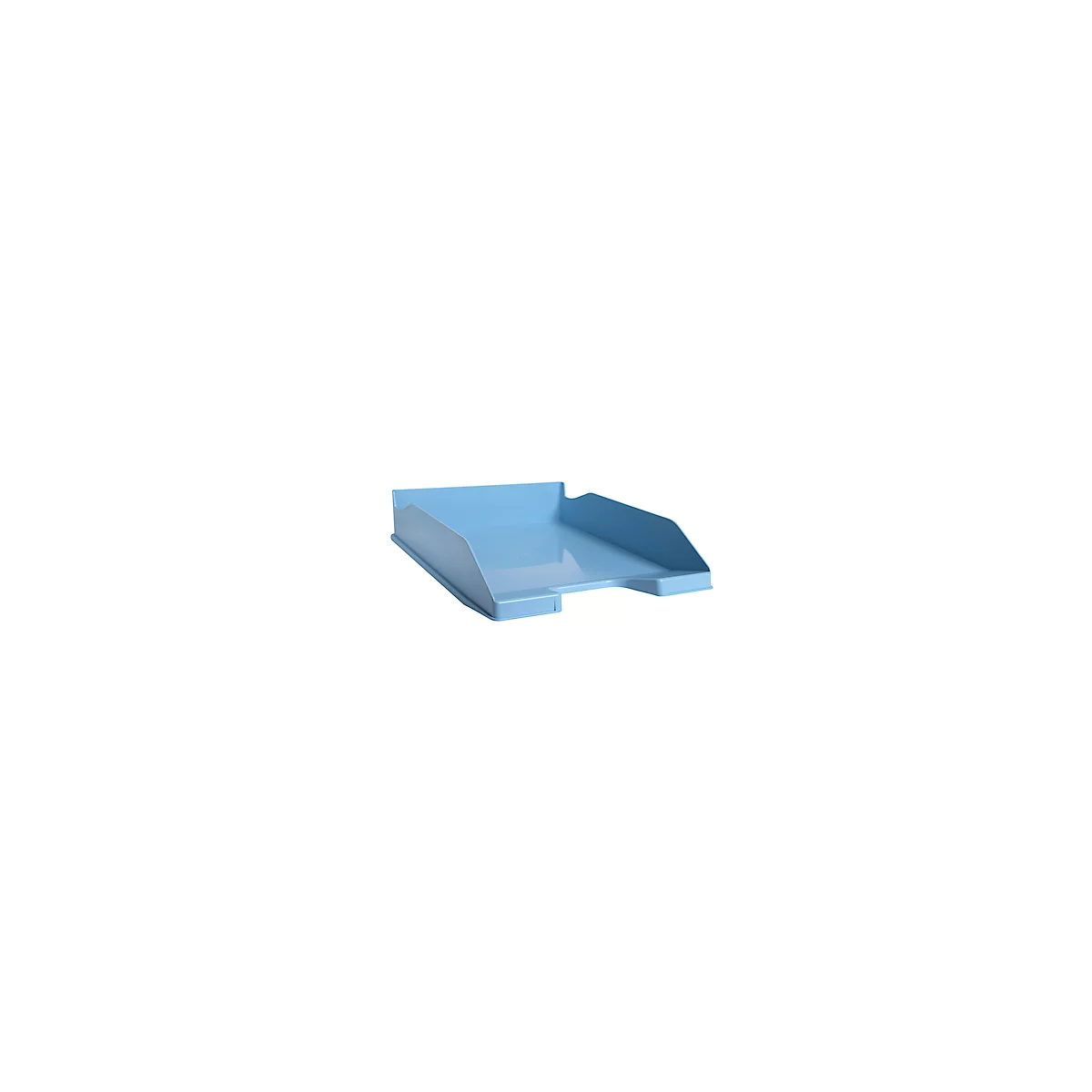 Plateau de bureau en plastique bleu clair. Avant incliné, dos haut.