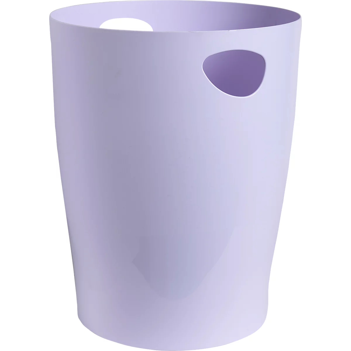 Une corbeille à papier violet clair avec des ouvertures pour les poignées.
