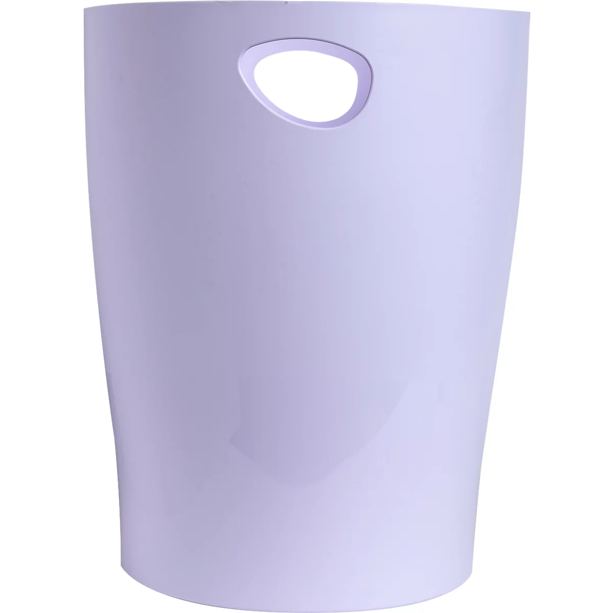 Poubelle cylindrique lilas clair avec trou de poignée.