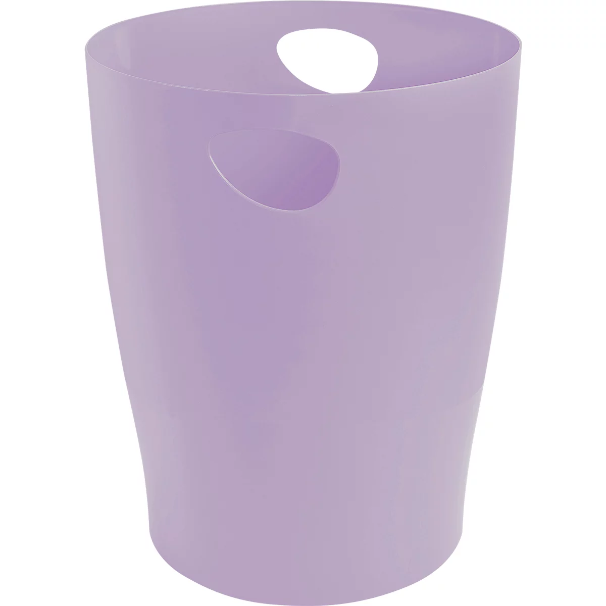Poubelle lilas avec poignées. Cylindrique, en plastique.