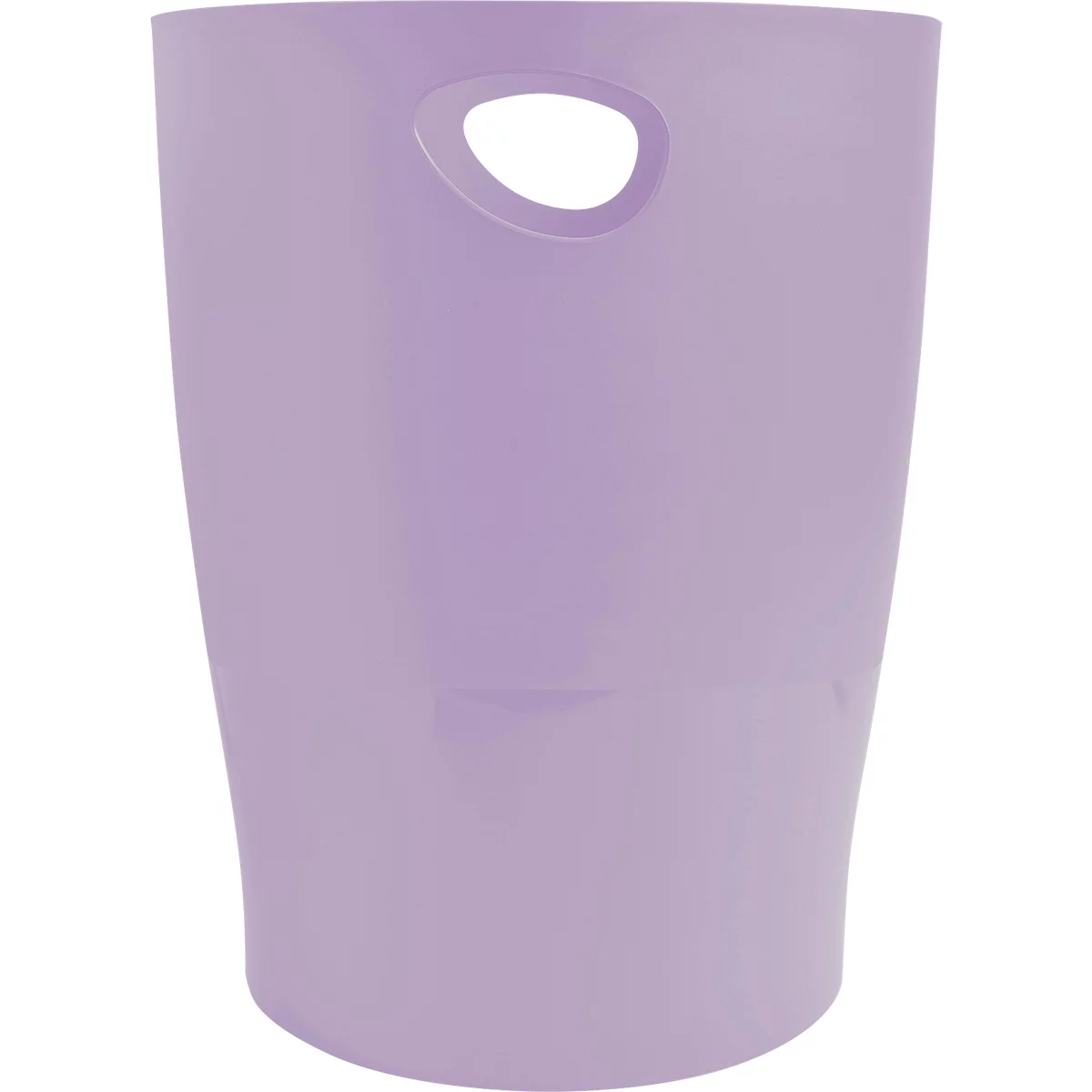 Poubelle violette avec trou de poignée. Le conteneur a une forme ovale et est en plastique.