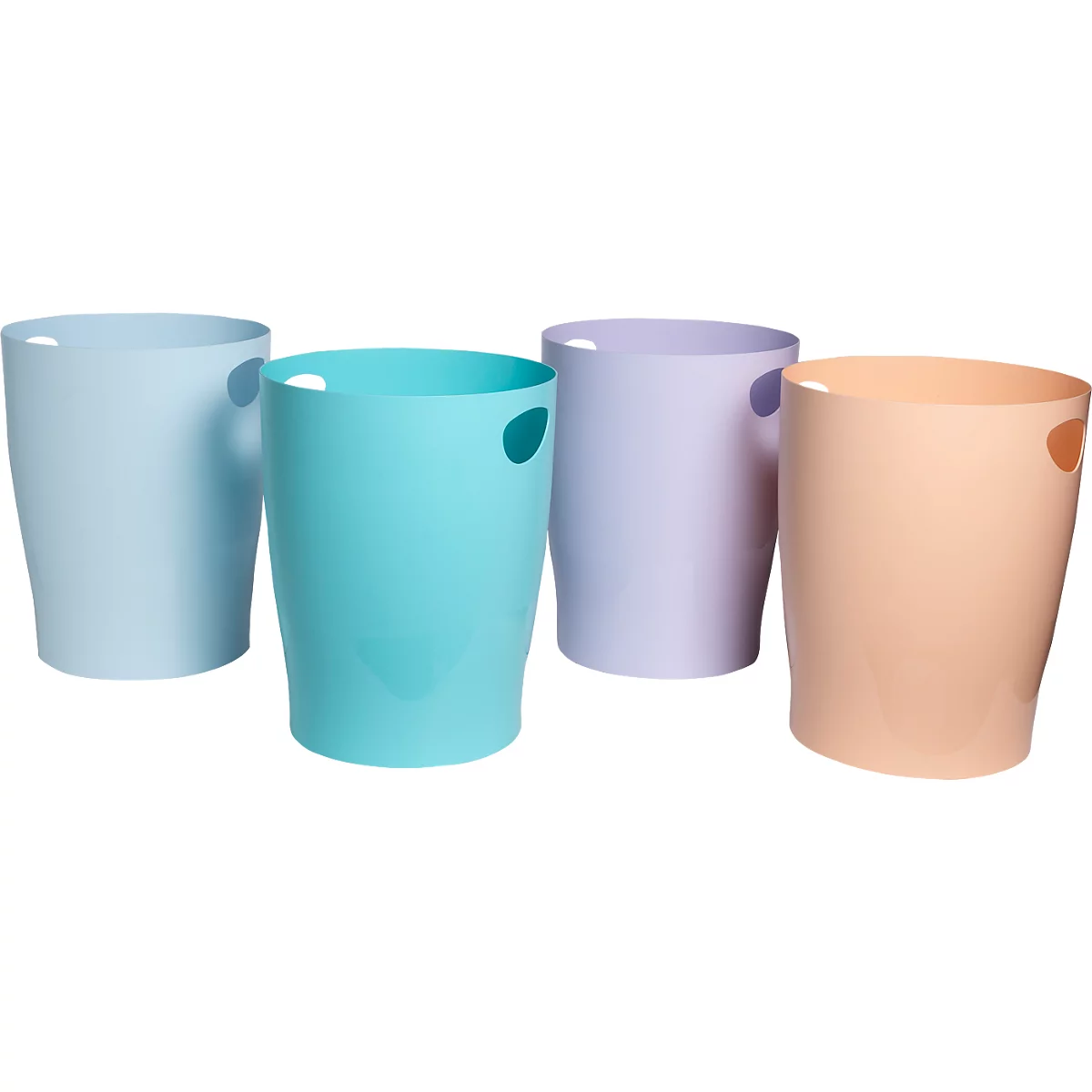 Quatre poubelles colorées. Bleu clair, turquoise, violet et saumon avec des ouvertures pour poignées.