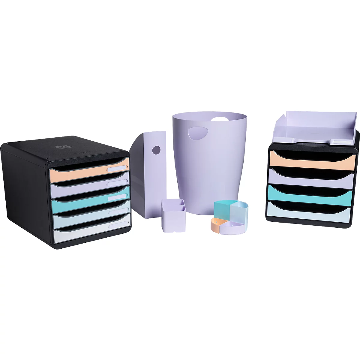 Accessoires de bureau : boîte empilable, porte-revues, poubelle, porte-stylos. Couleurs : noir, lilas, turquoise et orange.