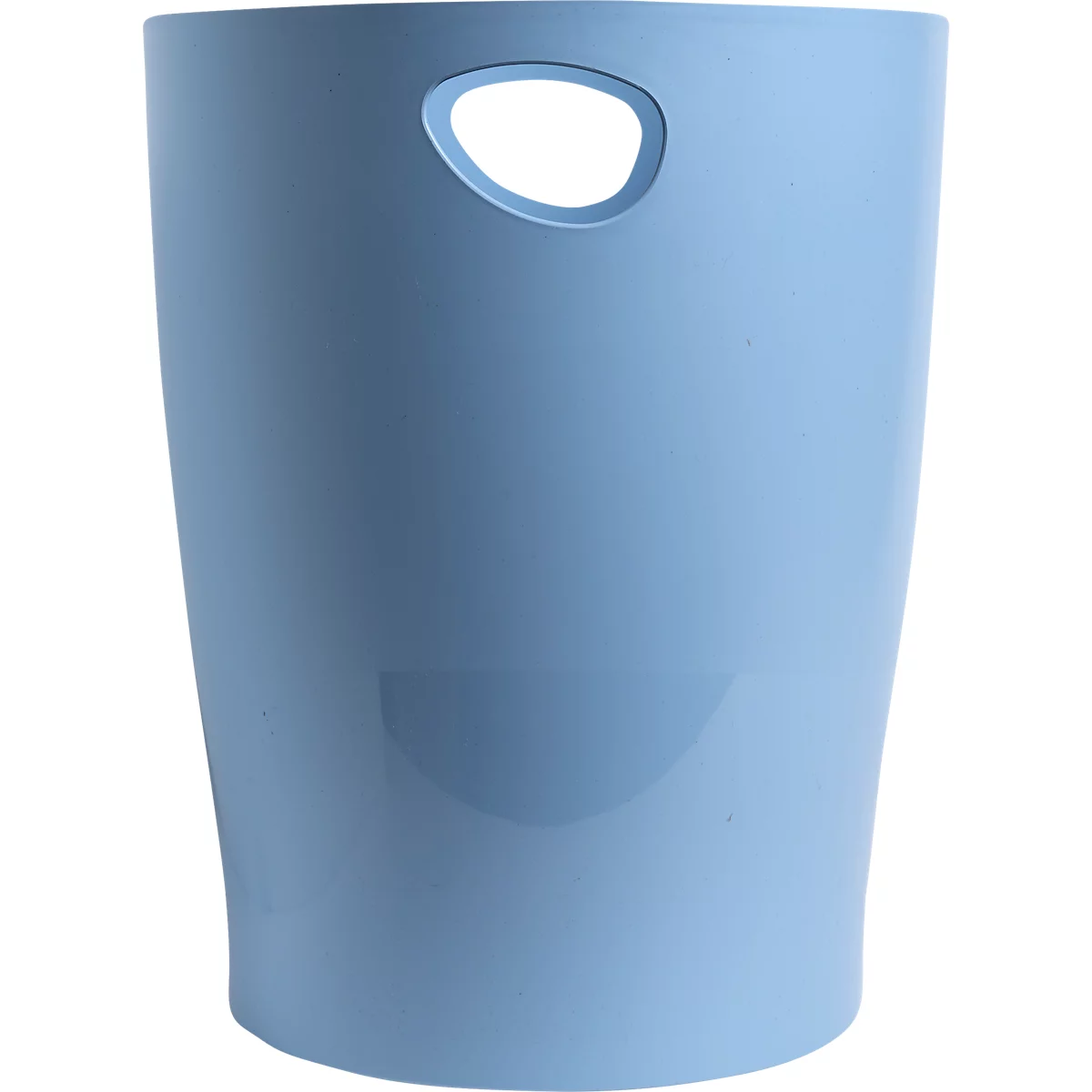 Poubelle cylindrique bleu clair avec trou de poignée ovale.