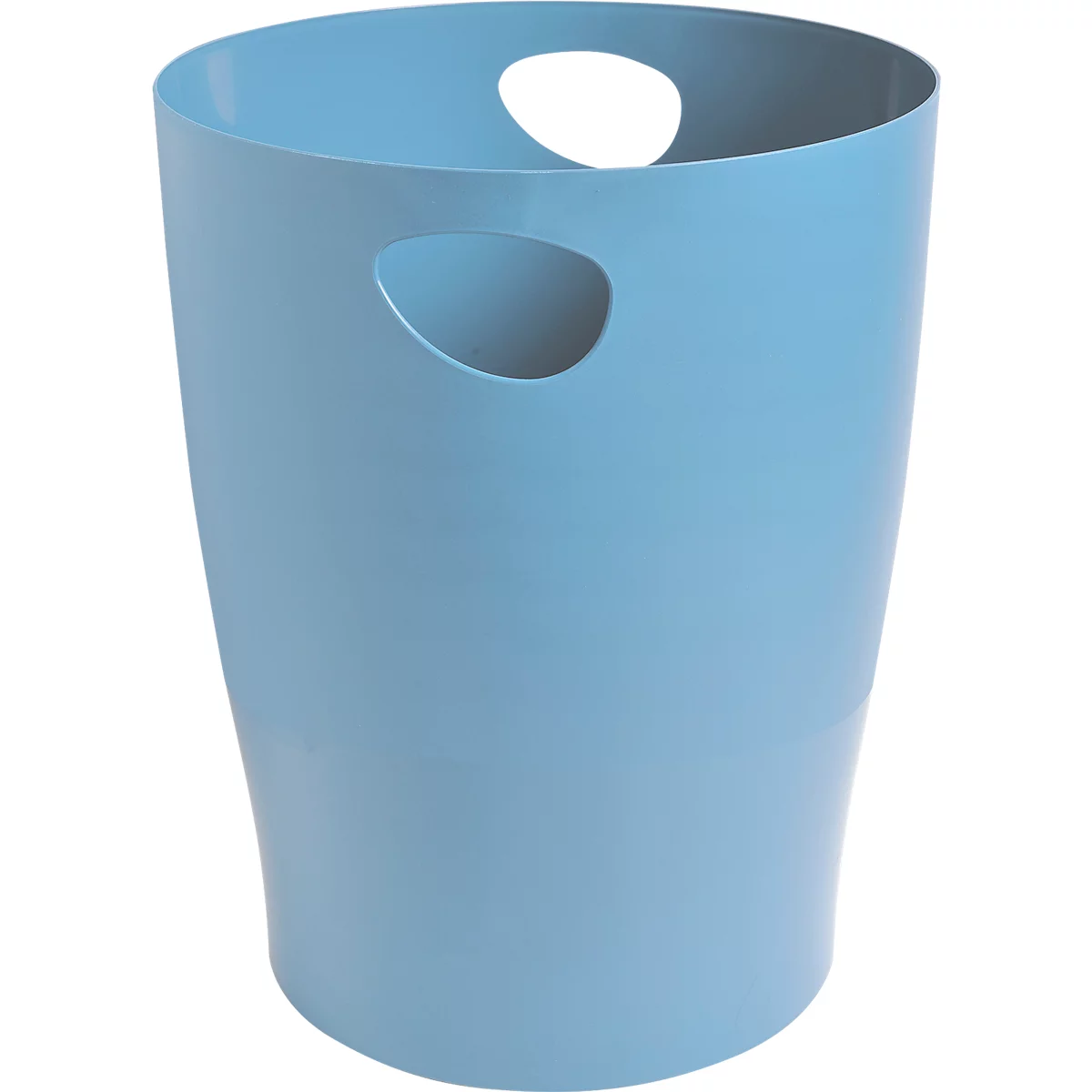 Poubelle conique bleu clair avec ouvertures pour poignées latérales.