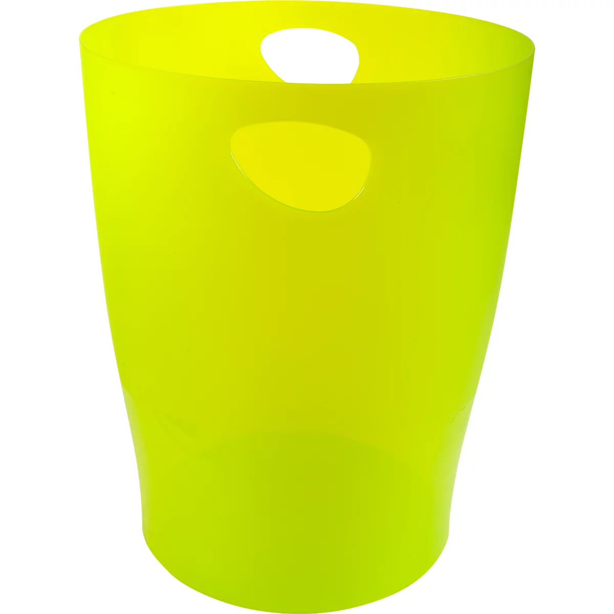Poubelle jaune, de forme cylindrique, avec deux poignées. Elle se trouve devant un fond blanc.