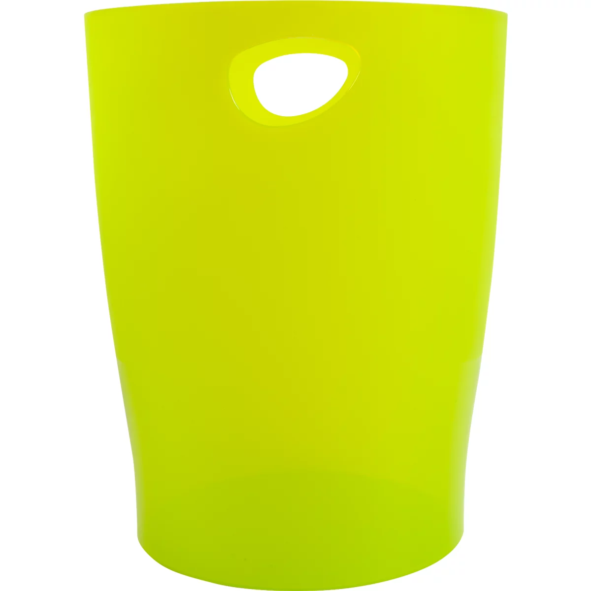 Poubelle jaune et cylindrique avec trou de poignée.