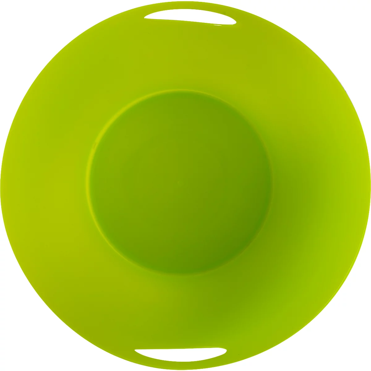 Sous-verre rond en silicone vert avec deux poignées, un renfoncement au centre.