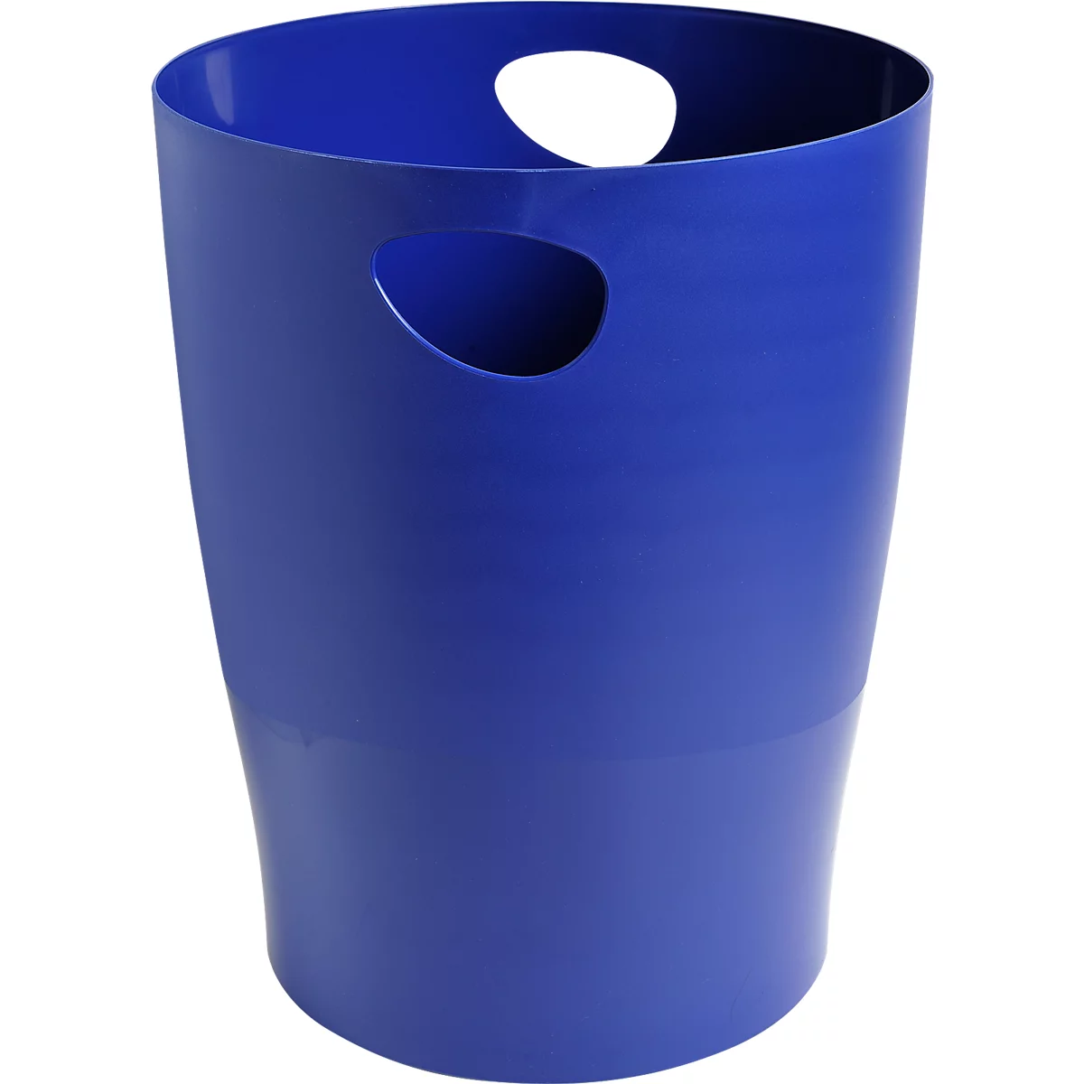 Poubelle cylindrique bleue en plastique. Il y a deux ouvertures de poignée sur les côtés.